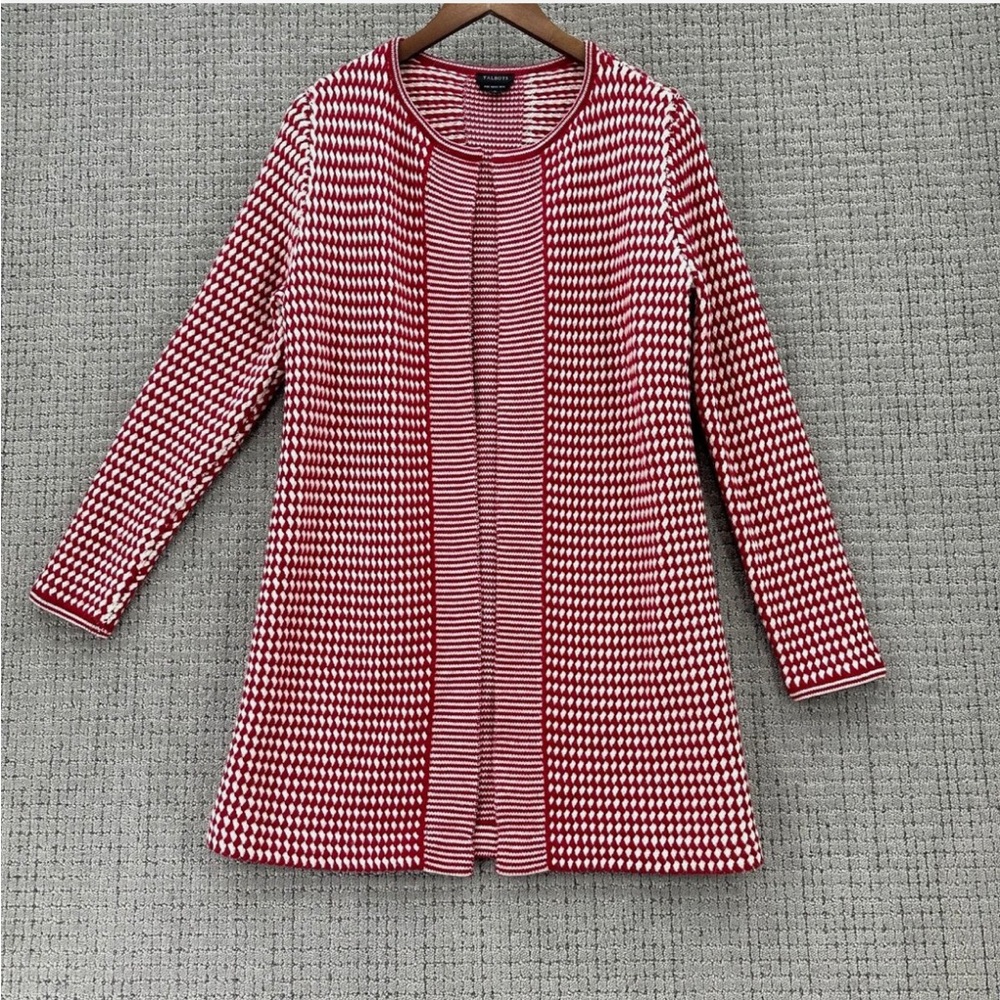 Talbots Open Cardigan Size Medium Petite Red White Sweater Pure Merino Wool Knit
